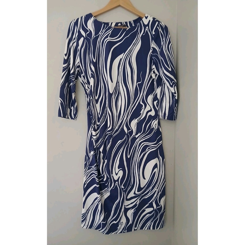 J. McLaughlin Catalina Cloth Ruched Side Dress Size Large Wavy Print 3/4 Sleeve